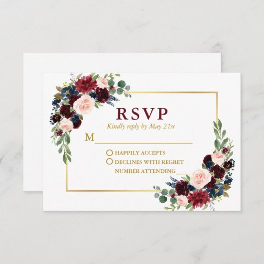 バモダンルエレガントグンディ青フローラ結婚の金ゴールド 出欠カード (正面/裏面)