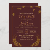 バモダンルエレガントグンディ&金ゴールドフローラ結婚ズ 招待状 (正面/裏面)