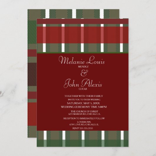 バモダンルガンディストライプのグ結婚ホワイト 招待状 (正面/裏面)