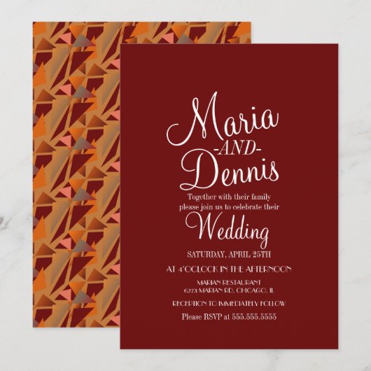 バモダンルガンディ幾何カラフル結婚の 招待状 (正面/裏面)