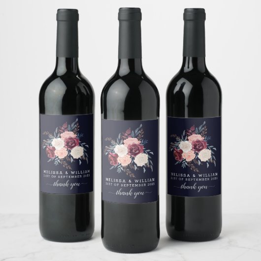 バモダンルグンディフローラありがとうネイビー結婚ズ ワインラベル (ボトル)