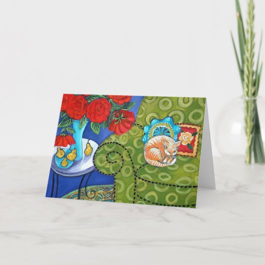 バラおよびいちご猫 カード (正面)