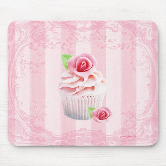 バラおよびカップケーキのピンクのつや消しのマウスパッド マウスパッド (正面)