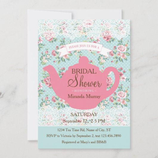 バラおよびレースのボーダーが付いているヴィンテージのティーポット 招待状 (正面)