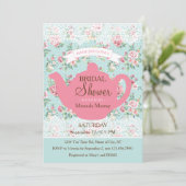 バラおよびレースのボーダーが付いているヴィンテージのティーポット 招待状 (スタンド正面)