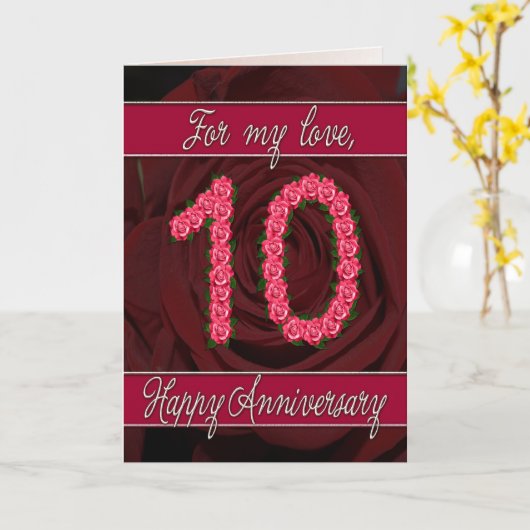 バラおよび葉が付いている第10記念日カード カード (黄色い花)