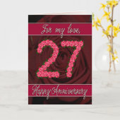 バラおよび葉が付いている第27記念日カード カード (黄色い花)