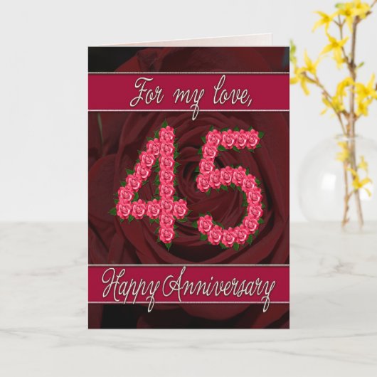 バラおよび葉が付いている第45記念日カード カード (黄色い花)