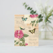 バラおよび蝶が付いているガーリーなヴィンテージの郵便はがき ポストカード (スタンド正面)
