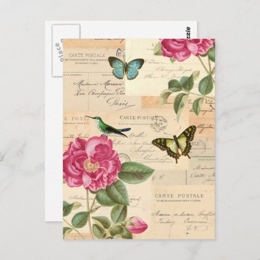 バラおよび蝶が付いているガーリーなヴィンテージの郵便はがき ポストカード (正面/裏面)