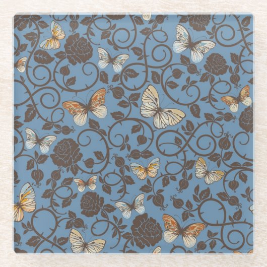 バラおよび蝶が付いているパターン ガラスコースター (正面)