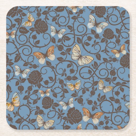 バラおよび蝶が付いているパターン スクエアペーパーコースター (正面)