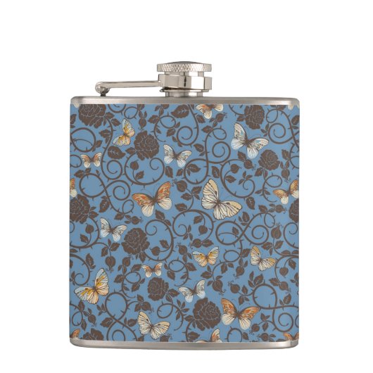 バラおよび蝶が付いているパターン フラスク (正面)