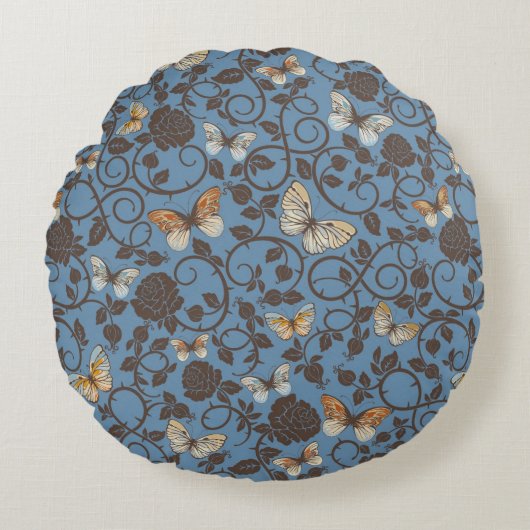 バラおよび蝶が付いているパターン ラウンドクッション (正面)