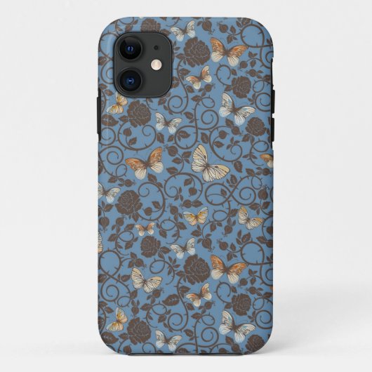 バラおよび蝶が付いているパターン Case-Mate iPhoneケース (裏面)
