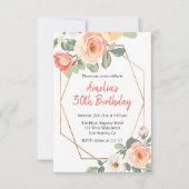 バラおよび金ゴールドフレーム誕生日 招待状 (正面)