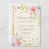 バラおよび金ゴールド紙吹雪結婚フローラ 招待状 (正面)