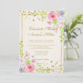 バラおよび金ゴールド紙吹雪結婚フローラ 招待状 (スタンド正面)