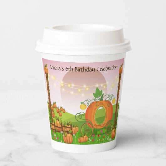 バラお洒落ピンクスカイパンプキンキャリッジ誕生日 紙コップ (裏面)