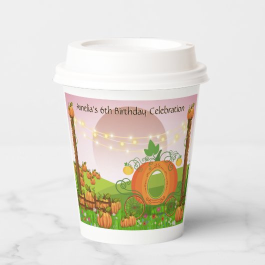 バラお洒落ピンクスカイパンプキンキャリッジ誕生日 紙コップ (正面)