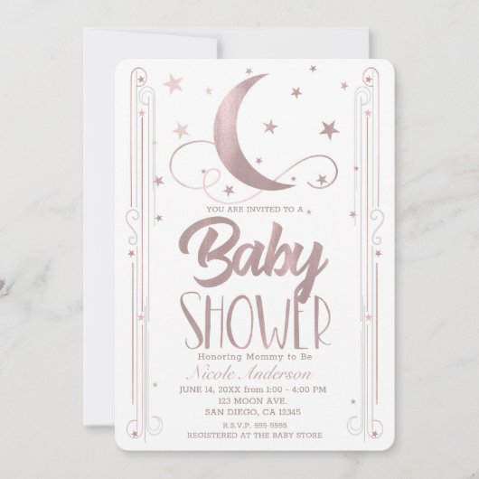 バラお洒落金ゴールドピンクムーンスターズ赤ちゃんシャワー 招待状 (正面)