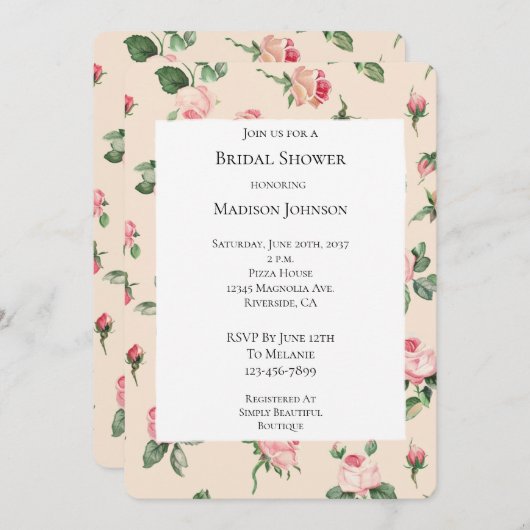 バラかわいらしフローラピンクピーチクリームブライダルシャワー 招待状 (正面/裏面)