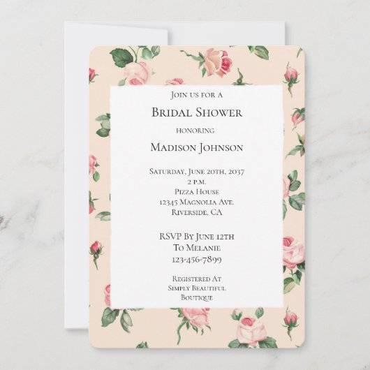 バラかわいらしフローラピンクピーチクリームブライダルシャワー 招待状 (正面)