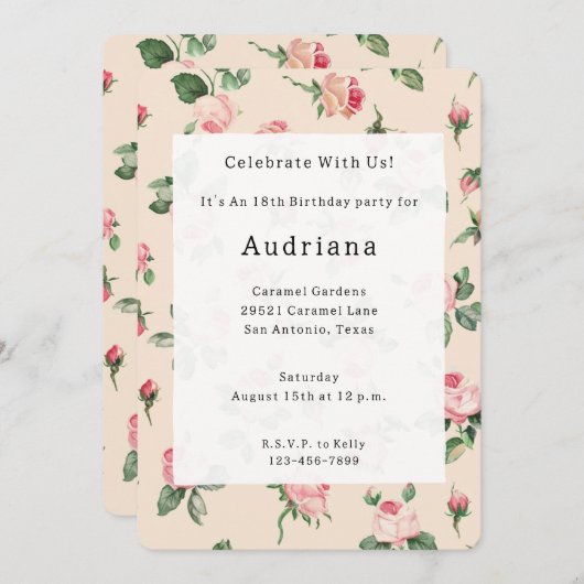 バラかわいらしフローラピンクピーチクリーム誕生日 招待状 (正面/裏面)