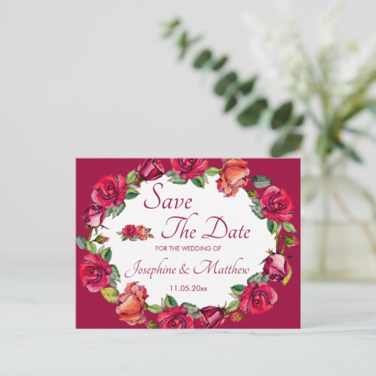 バラかわいらしモノグラムリース保存日付 案内ポストカード (スタンド正面)