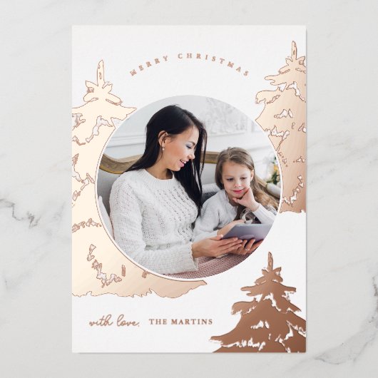 バラかわいらし金ゴールドクリスマスツリーツーフォトホリデー 箔シーズンカード (正面)