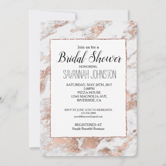 バラかわいらし金ゴールドホワイトグリジー大理石ブライダルシャワー 招待状 (正面)
