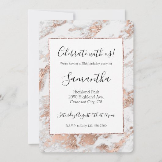 バラかわいらし金ゴールドホワイトグリジー大理石誕生日 招待状 (正面)