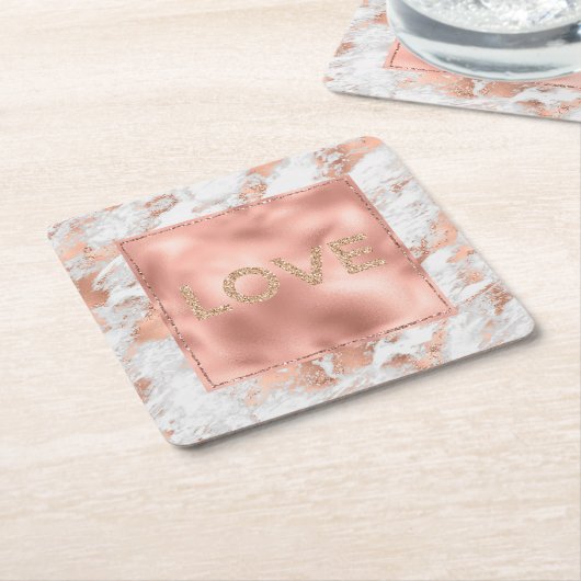バラかわいらし金ゴールドホワイトグリジー大理石 スクエアペーパーコースター (アングル)