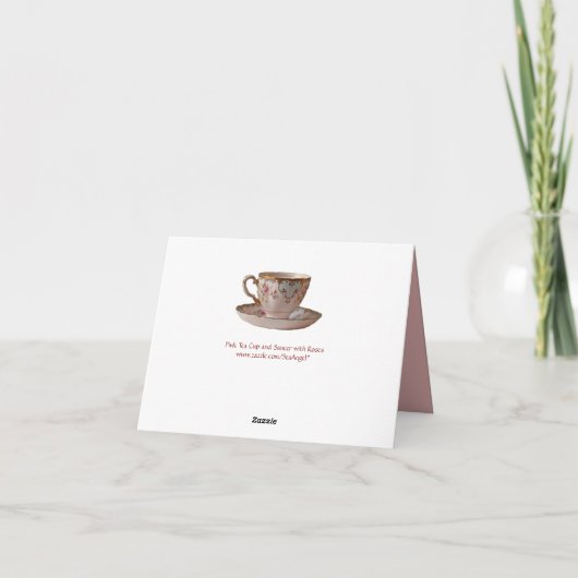 バラが付いているピンクのティーカップそして受皿 サンキューカード (裏面)