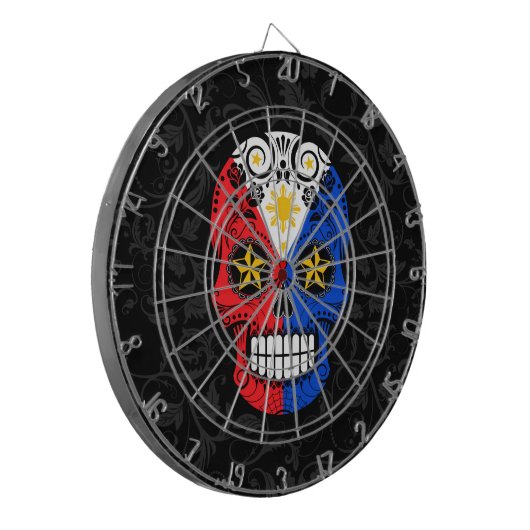 バラが付いているフィリピンの旗の砂糖のスカル ダーツボード (正面左)