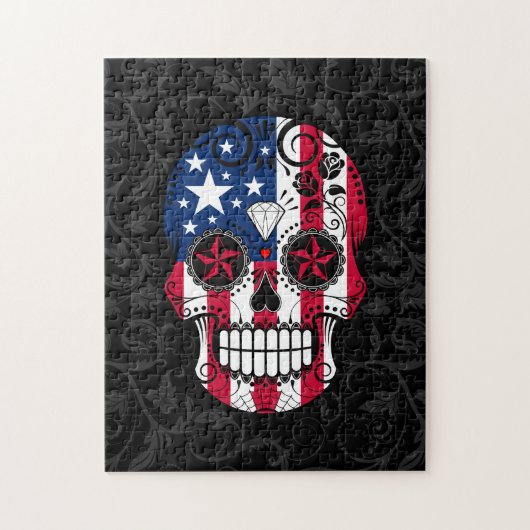 バラが付いている米国旗の砂糖のスカル ジグソーパズル (縦)