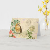バラが付いている花のヴィンテージのフクロウの挨拶状 カード (黄色い花)