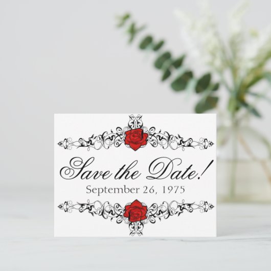 バラつる植物ウェディング日付の保存 案内ポストカード (スタンド正面)