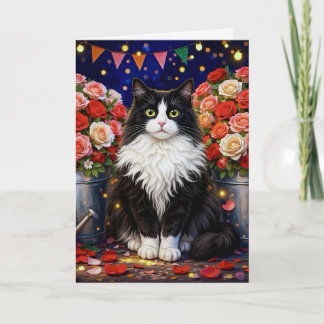 バラでいっぱいのバケツと猫 カード
