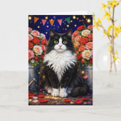 バラでいっぱいのバケツと猫 カード (黄色い花)