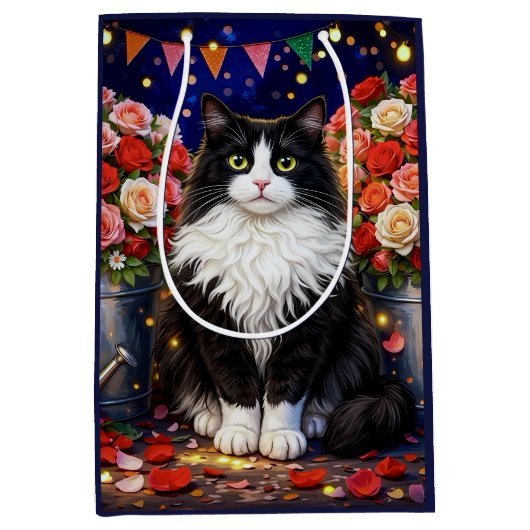 バラでいっぱいのバケツと猫 ミディアムペーパーバッグ (正面)