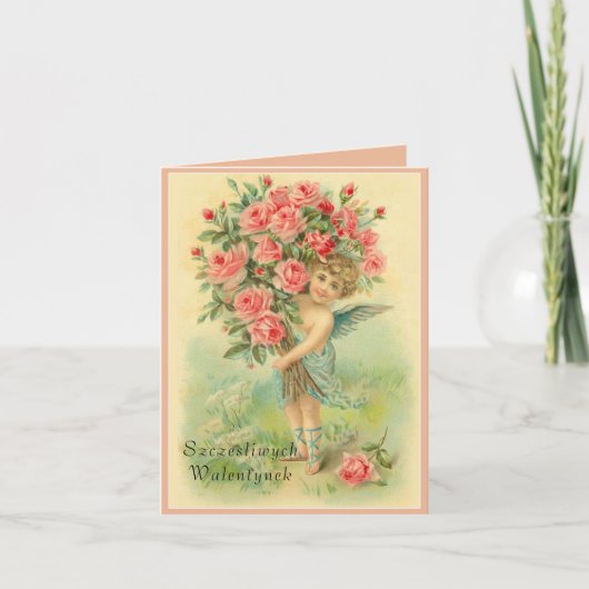 バラとのポーランドのバレンタインデーの天使 シーズンカード (正面)