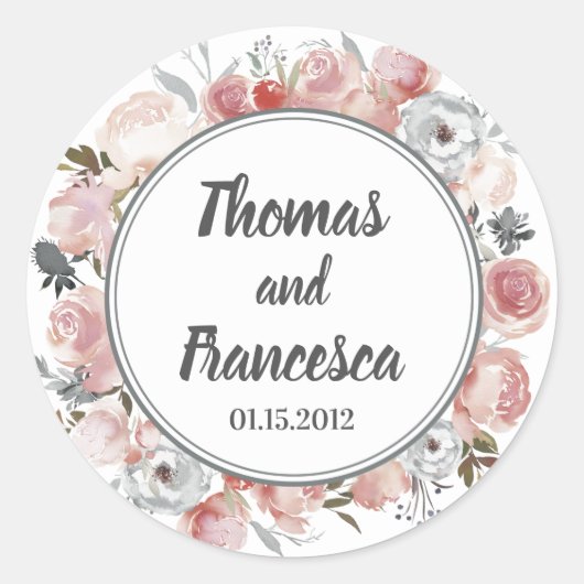 バラとアザミの水色フローラ結婚のシール ラウンドシール (正面)