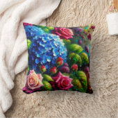 「バラとアジサイの雨鮮やかフローラアート」 クッション (ブランケット)