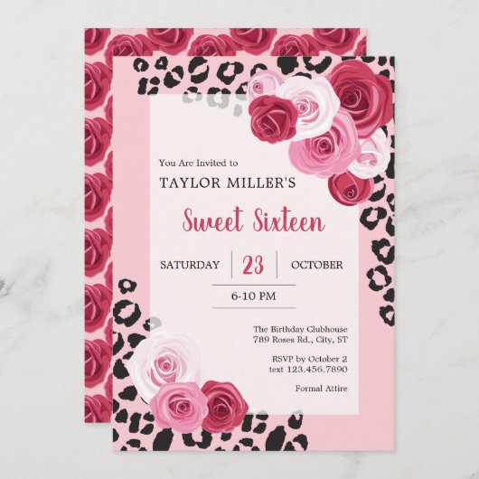 バラとアニマルプリントSweet sixteen誕生日 招待状 (正面/裏面)