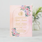 バラとエレガント金ゴールドフレームイスラム教徒ウェディング 招待状 (スタンド正面)