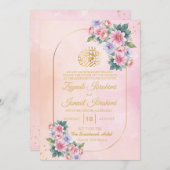 バラとエレガント金ゴールドフレームイスラム教徒ウェディング 招待状 (正面/裏面)