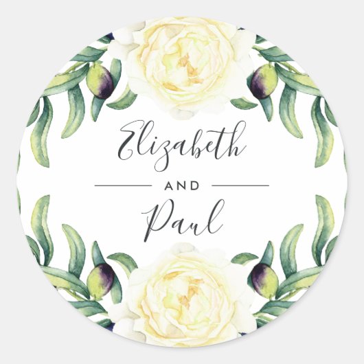 バラとオリーブ結婚のステッカー ラウンドシール (正面)
