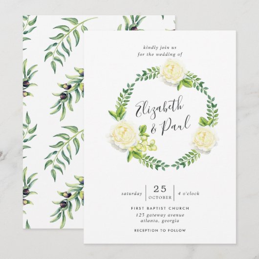 バラとオリーブ結婚式招待状 招待状 (正面/裏面)