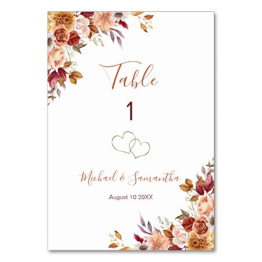 バラとキクのレトロな秋の結婚式 テーブルナンバー (正面)